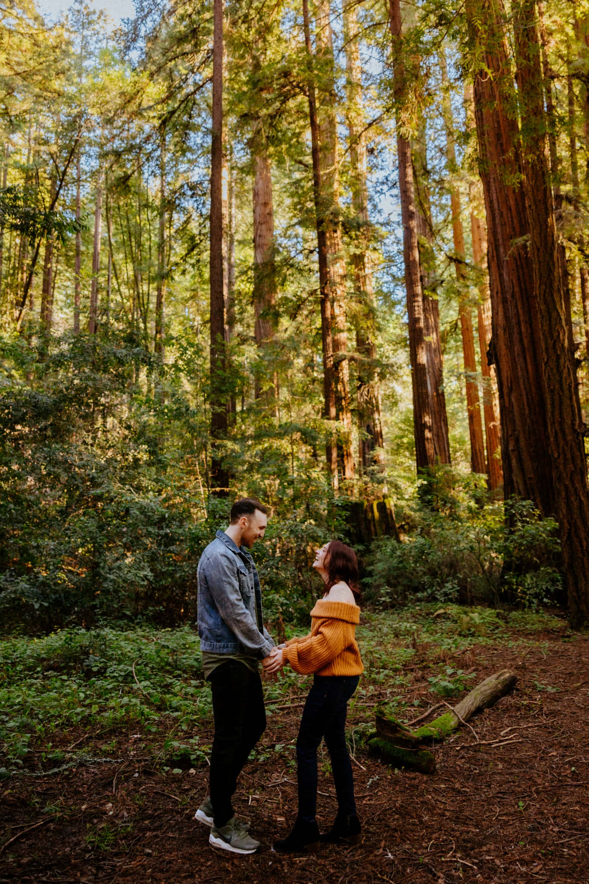 The couple standing in a serene meadow surrounded by majestic redwoods.
