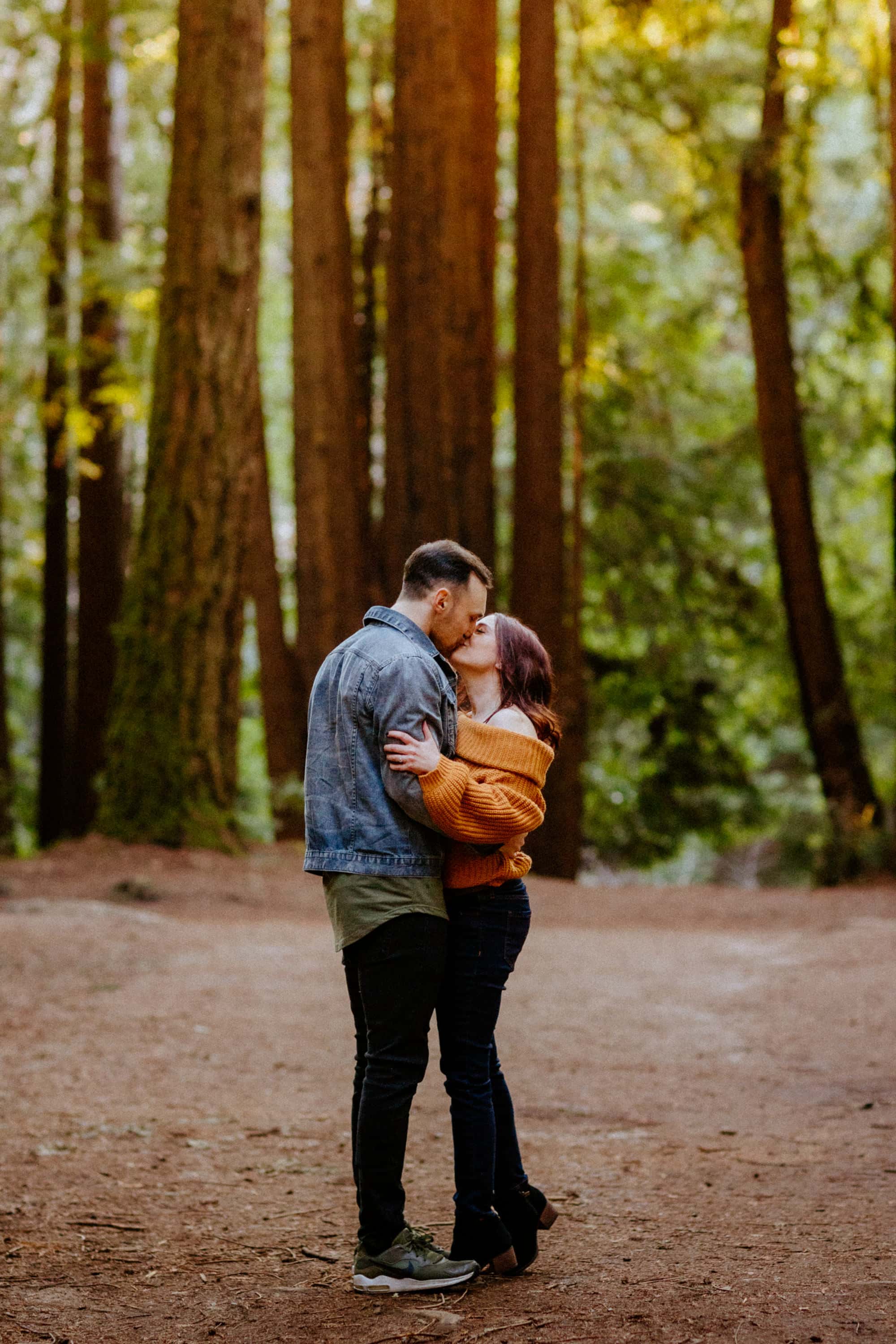 The couple embracing in the beautiful natural setting of Henry Cowell Redwoods State Park.