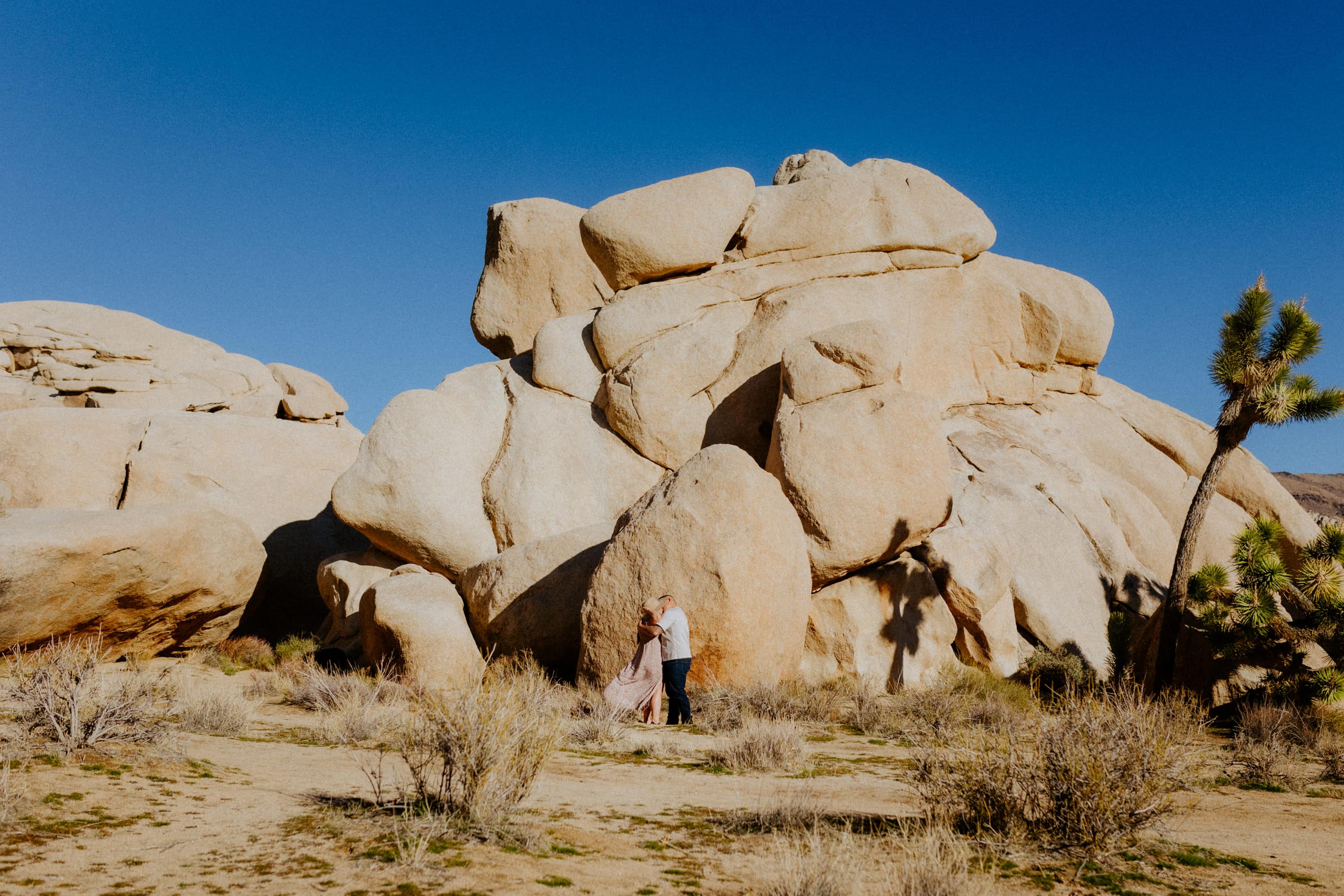 Romantic Joshua Tree National Park engagement with couple embracing against the iconic backdrop