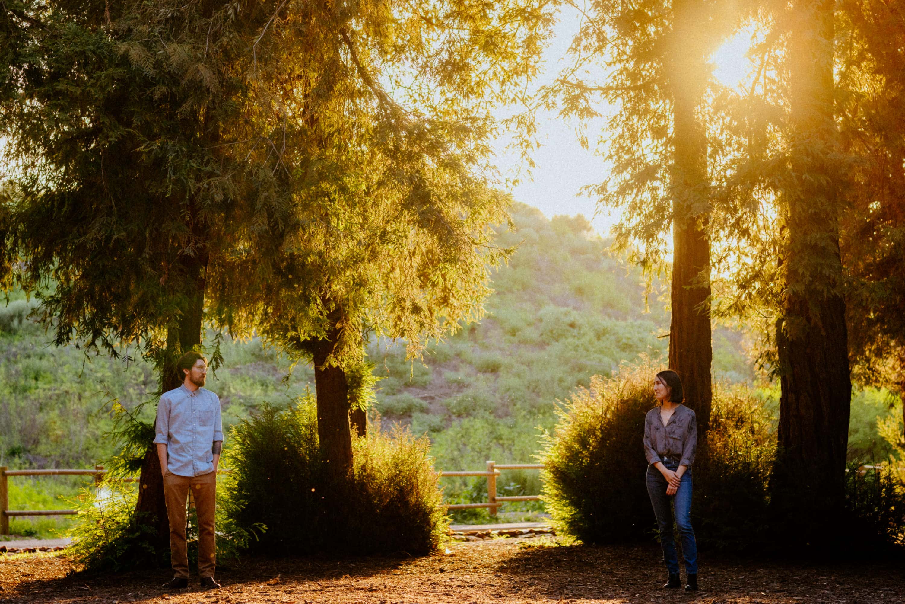 Dreamy photo of the couple surrounded by majestic redwood trees at Carbon Canyon.