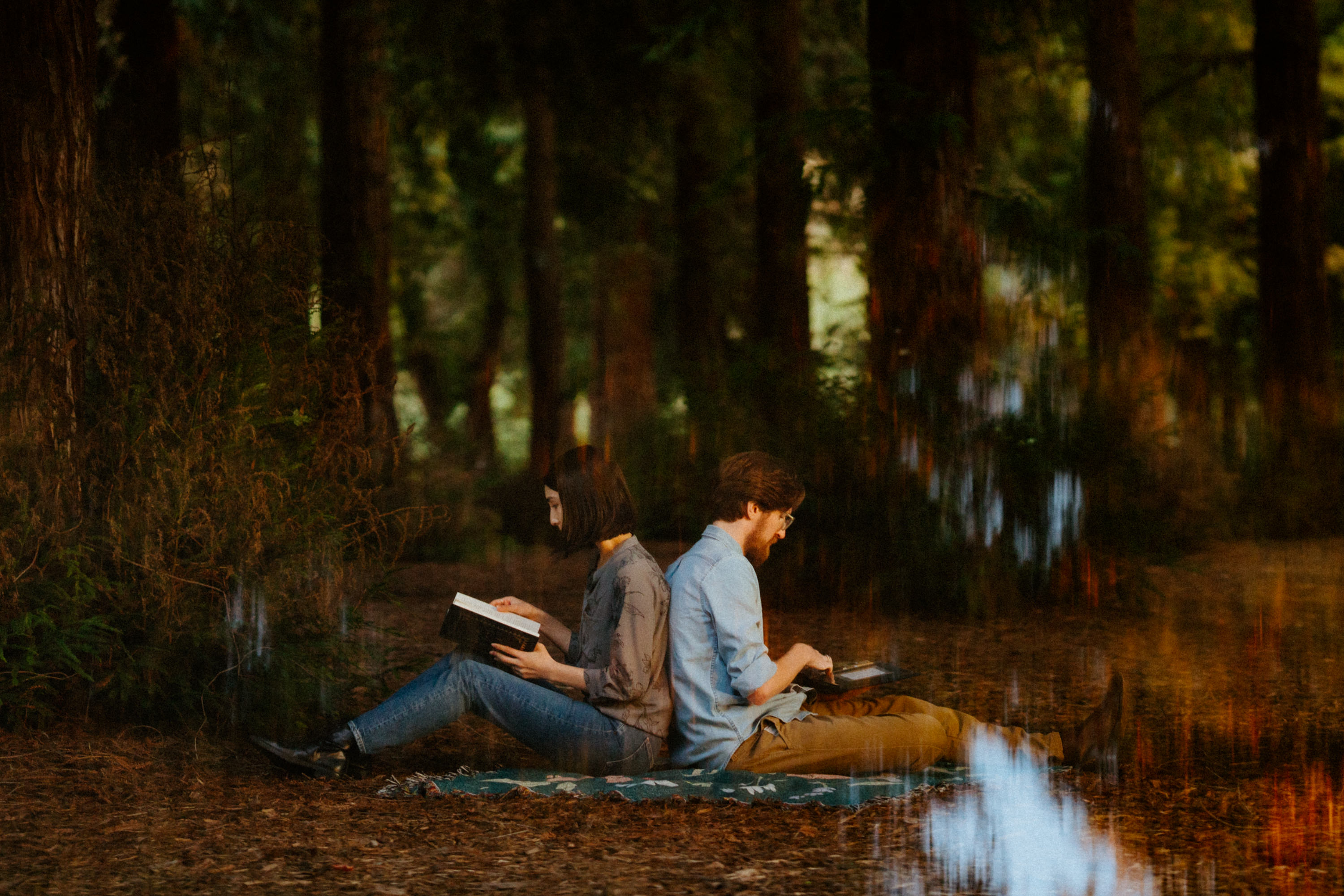 Serene and peaceful reading atmosphere during the couple's Carbon Canyon engagement shoot.